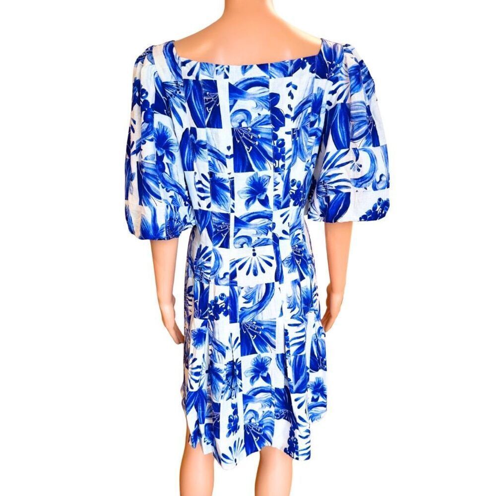 NWT Farm Rio Garden Tiles Blue Floral Linen Puff Sleeve Mini Dress XL Resort - Picture 7 of 9